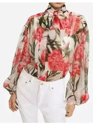 Carnation-Print Silk Blouse - Tops