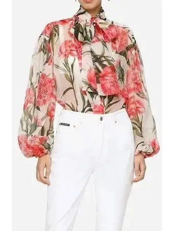 Carnation-Print Silk Blouse - Tops