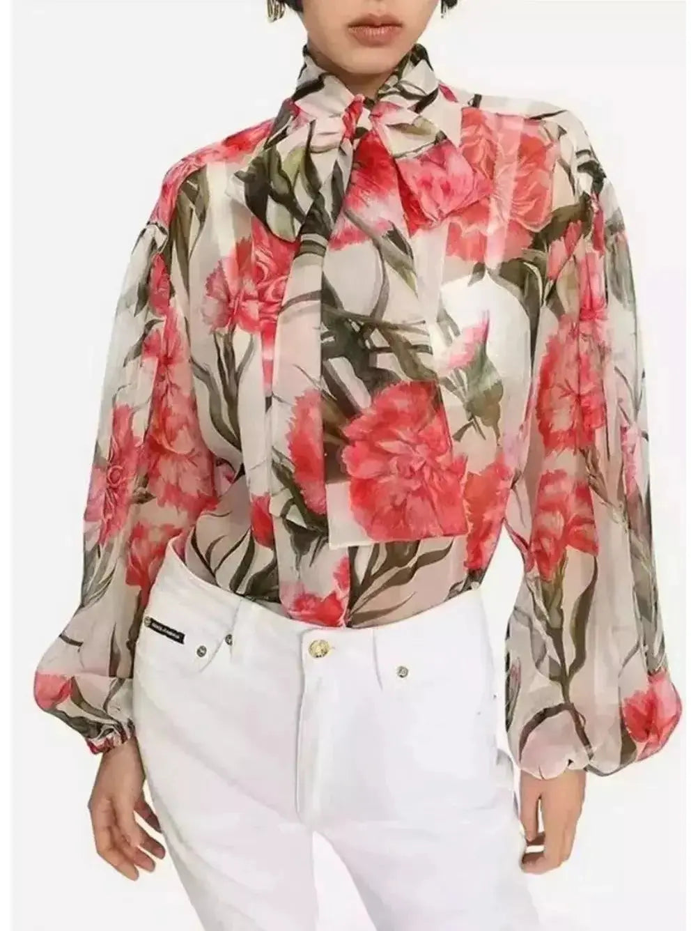 Carnation-Print Silk Blouse - Tops