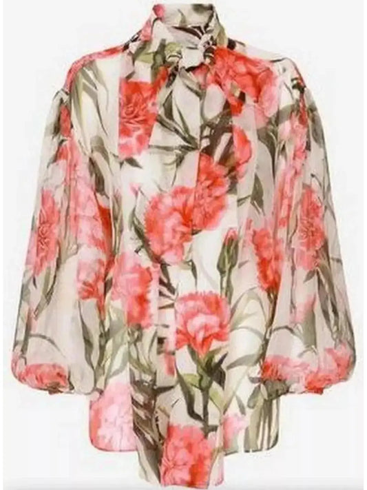 Carnation-Print Silk Blouse - Tops