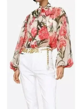 Carnation-Print Silk Blouse - Tops