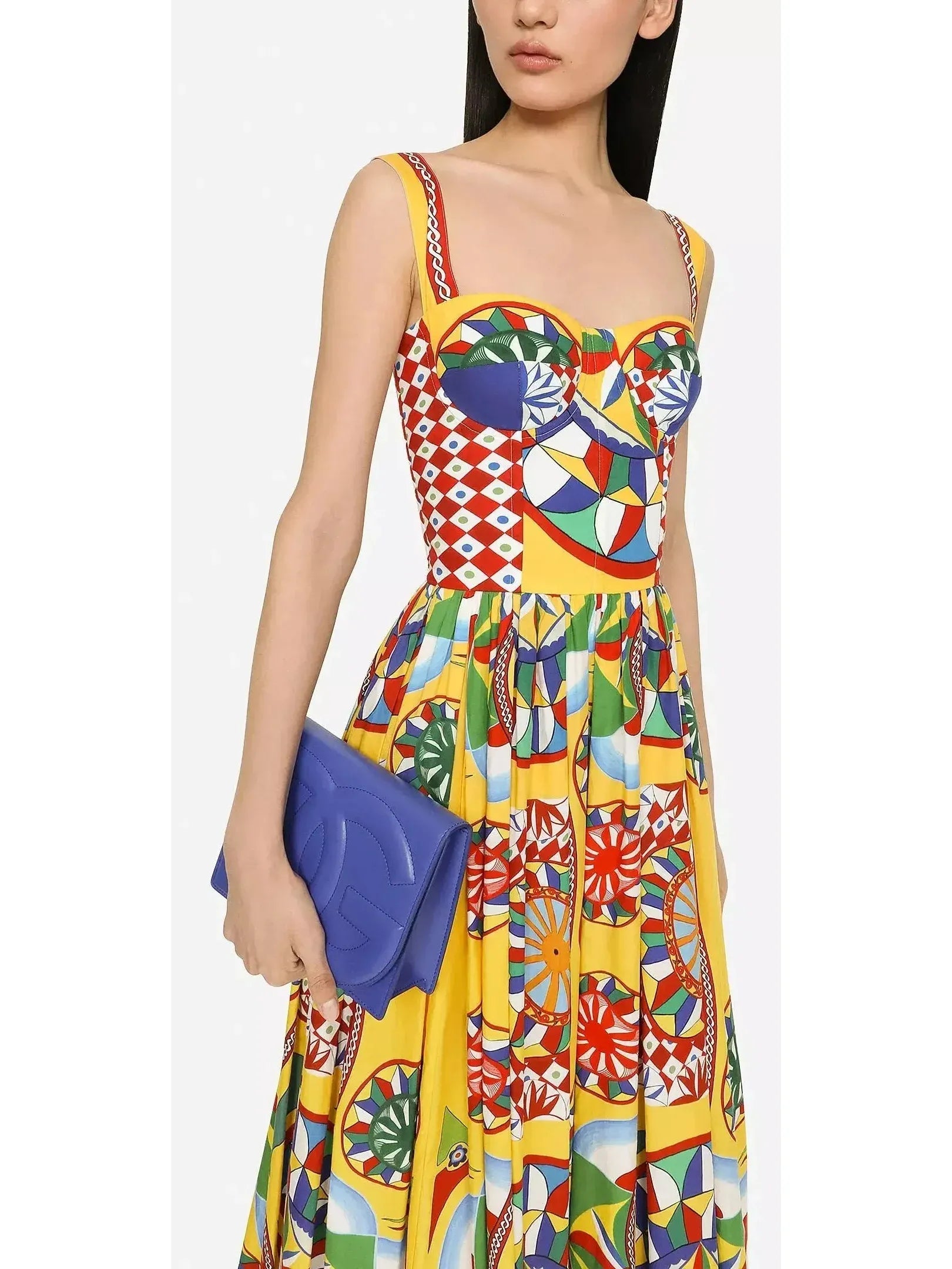 Carretto Print Calf-Length Bustier Poplin Dress - Dresses