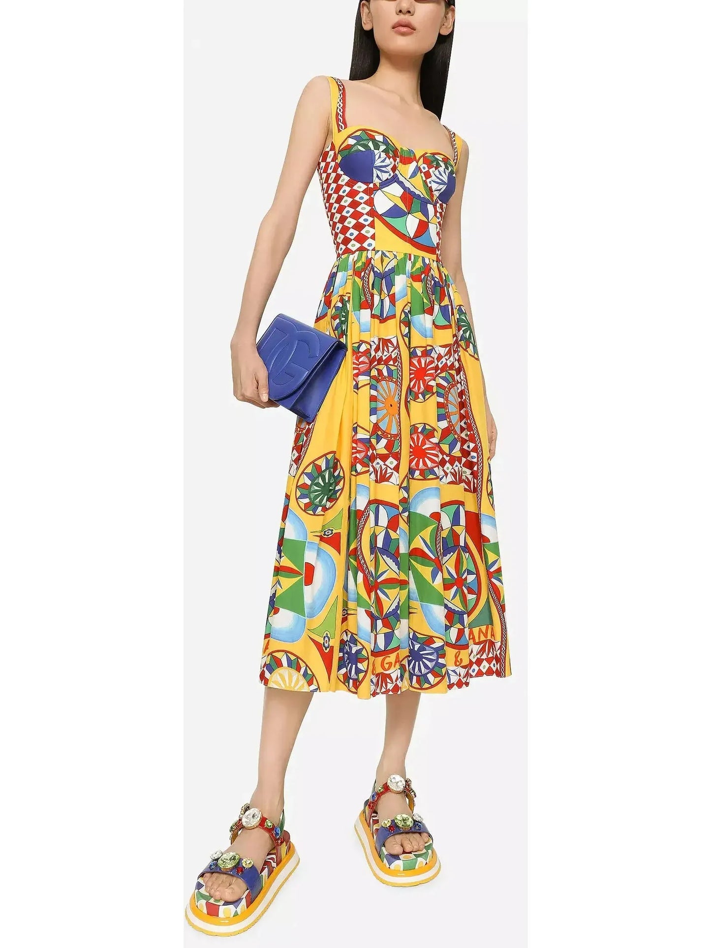 Carretto Print Calf-Length Bustier Poplin Dress - Dresses