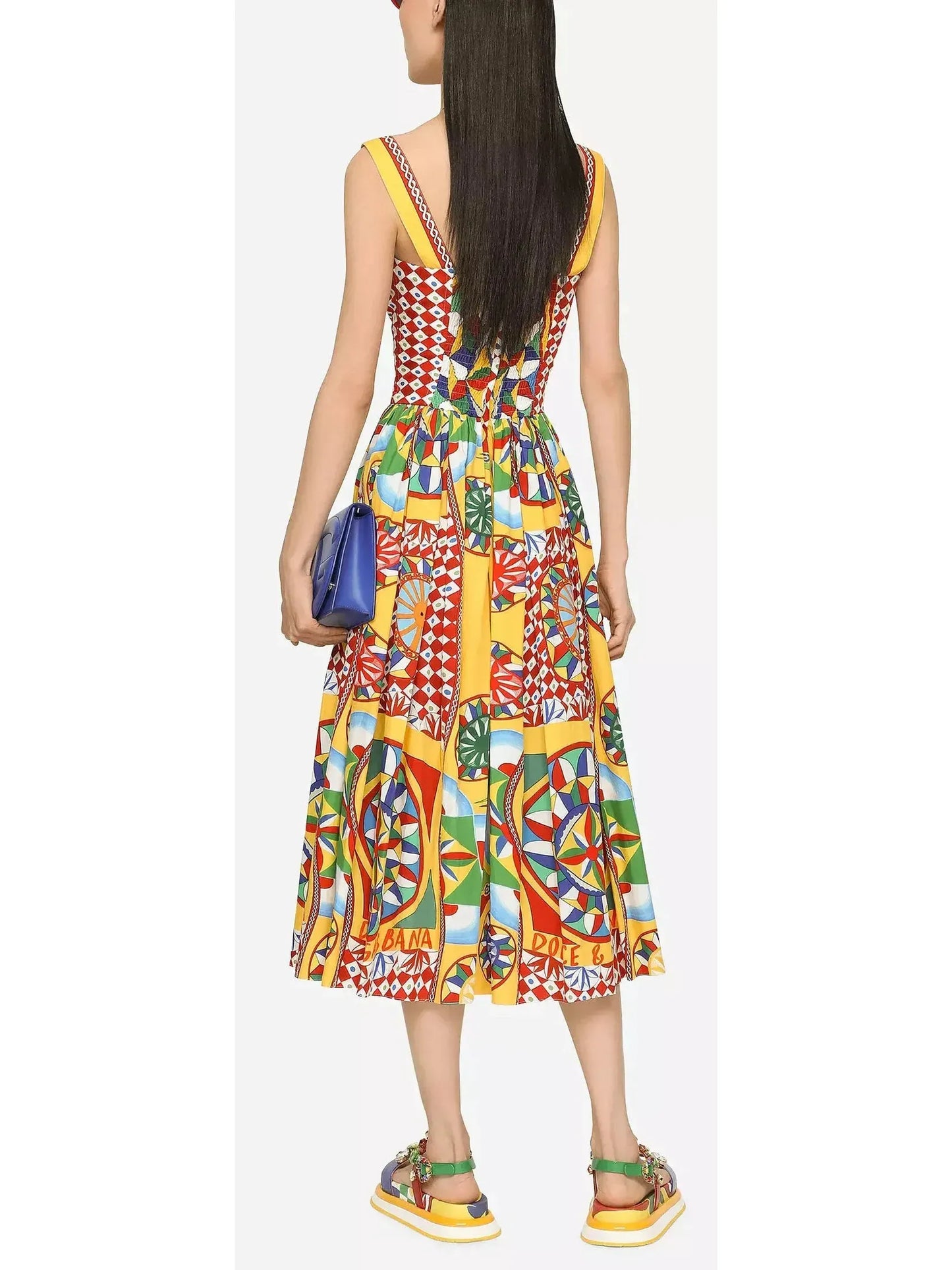 Carretto Print Calf-Length Bustier Poplin Dress - Dresses