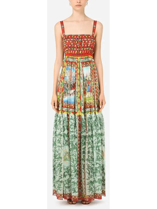 Carretto Print Chiffon Maxi Dress in Multicolor - s - Dresses