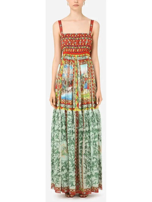 Carretto Print Chiffon Maxi Dress in Multicolor - s - Dresses