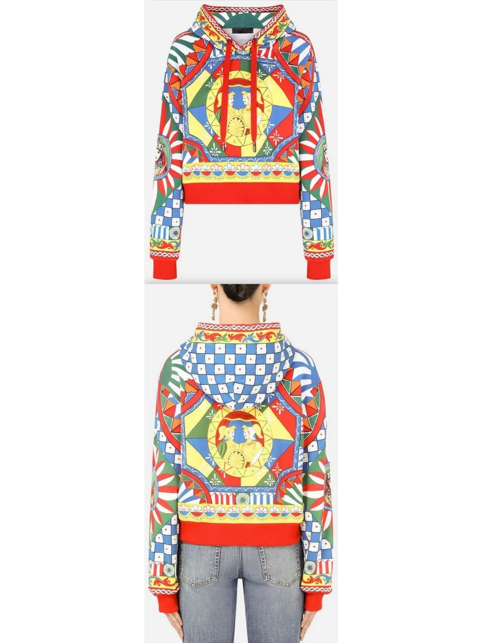 Carretto-Print Cropped Jersey Hoodie - Tops