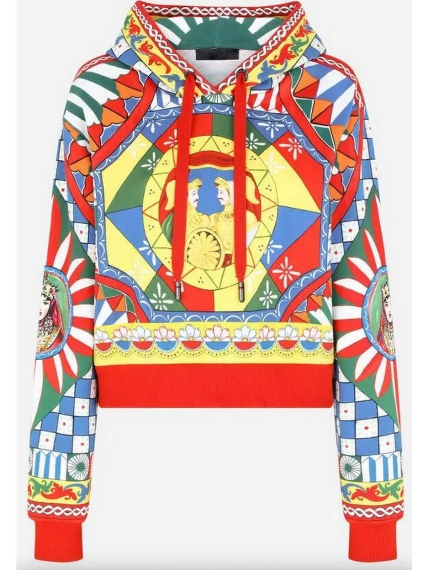 Carretto-Print Cropped Jersey Hoodie - Tops