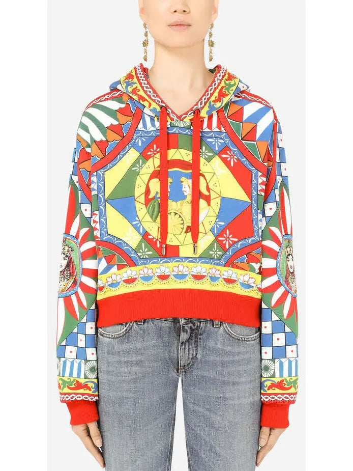 Carretto-Print Cropped Jersey Hoodie - Tops