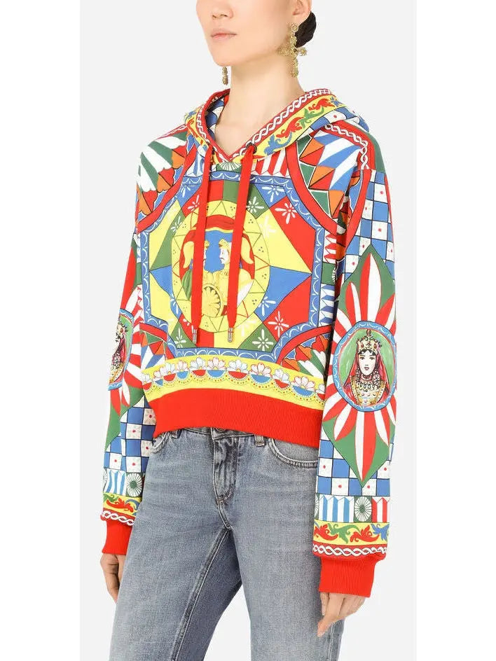 Carretto-Print Cropped Jersey Hoodie - Tops