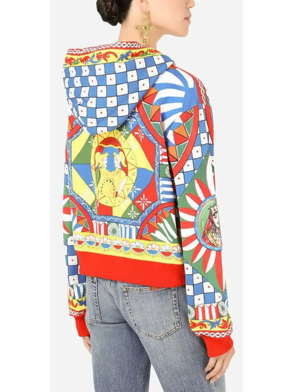 Carretto-Print Cropped Jersey Hoodie - Tops