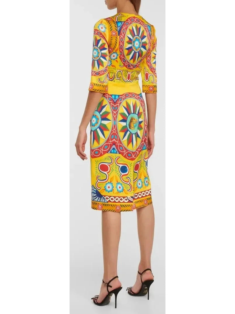 Carretto Print Dress in Yellow and Multicolor - Dresses