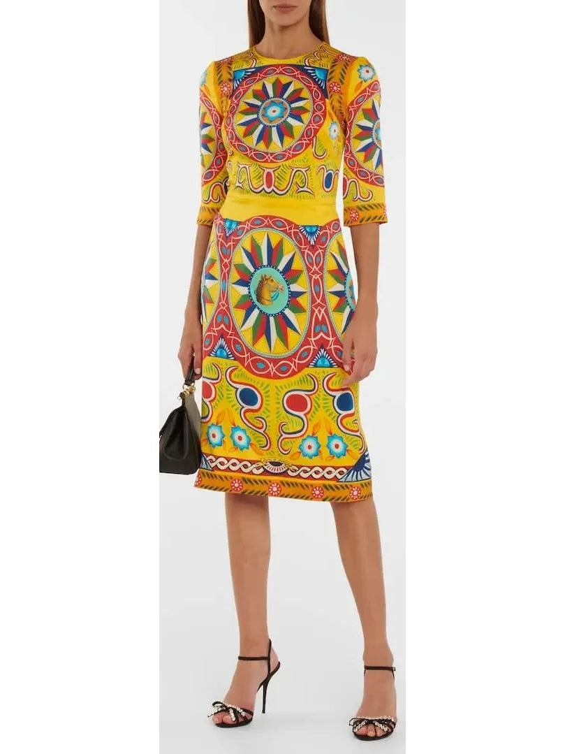 Carretto Print Dress in Yellow and Multicolor - Dresses