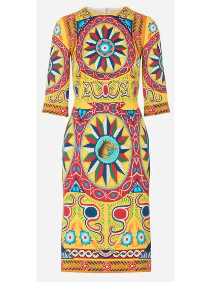 Carretto Print Dress in Yellow and Multicolor - Dresses