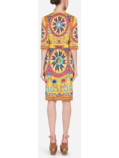 Carretto Print Dress in Yellow and Multicolor - Dresses