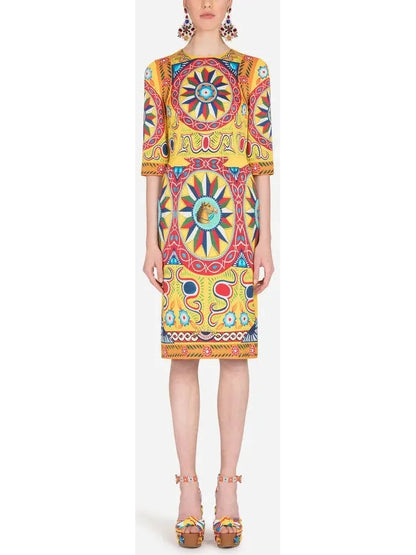 Carretto Print Dress in Yellow and Multicolor - s - Dresses