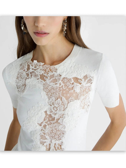 Cashmere-Blend Lace-Embroidered Short-Sleeve Sweater in White - Sweaters & Knitwear