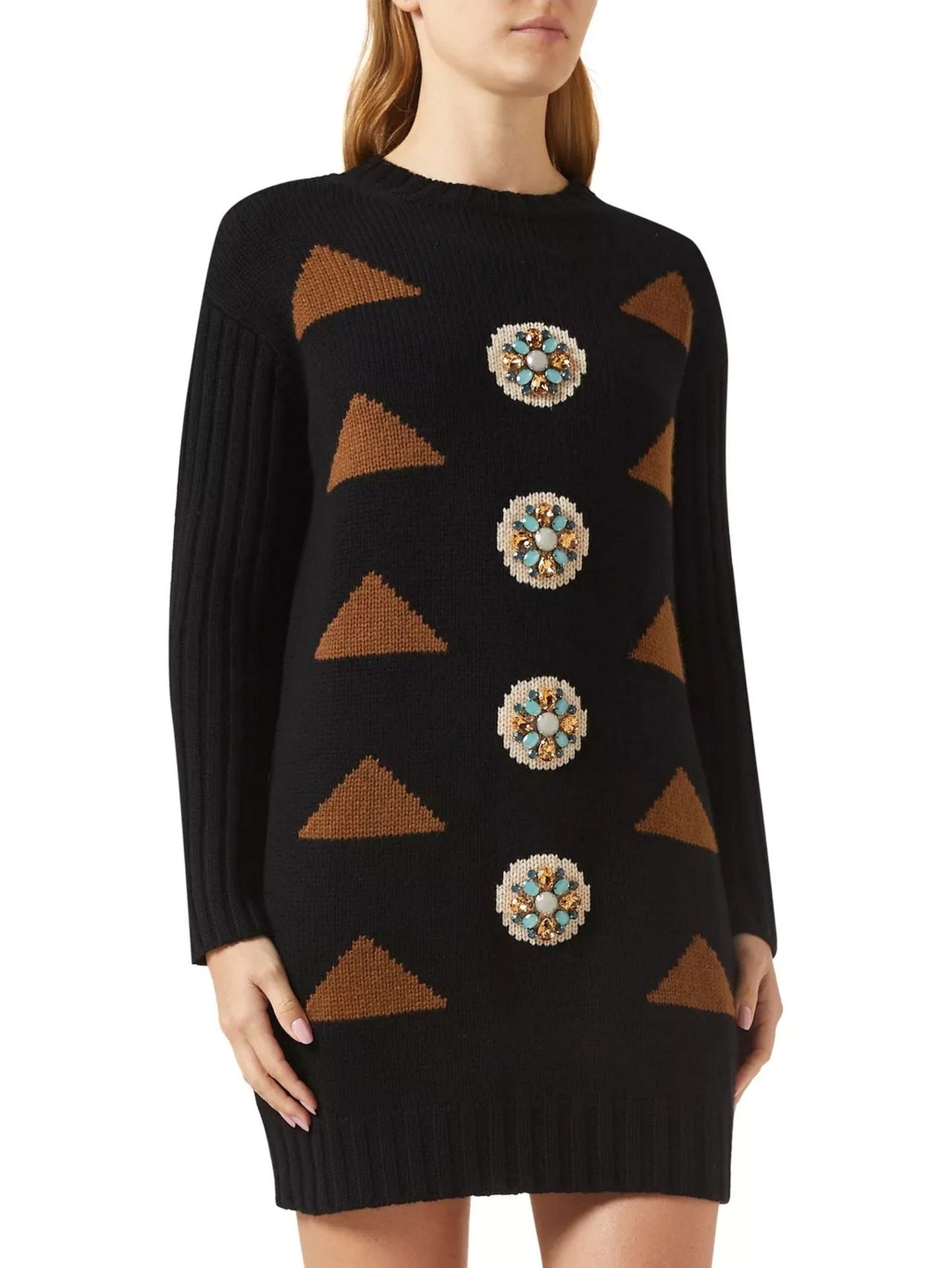 Black knit sweater dress with embellishments in cashmere oversized style