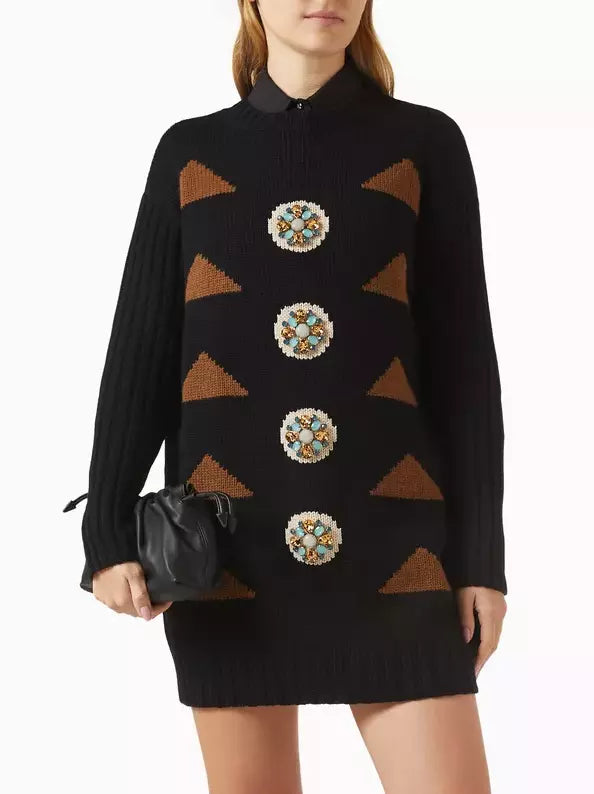 Black knit sweater dress with geometric patterns from the Cashmere Embellished Oversized collection