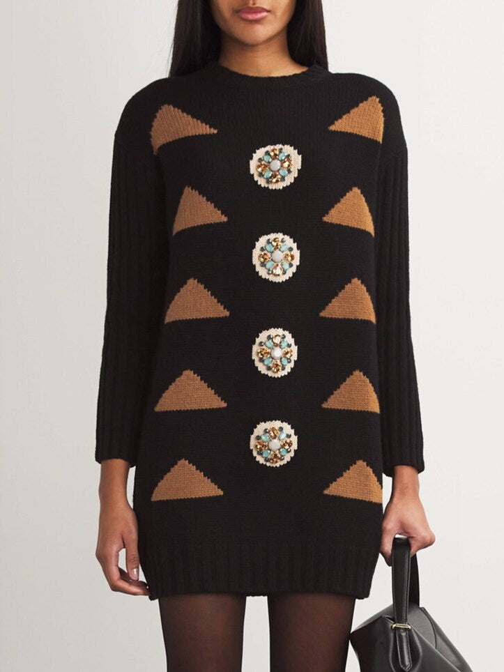 Black knit sweater dress with geometric embellishments in cashmere oversized style