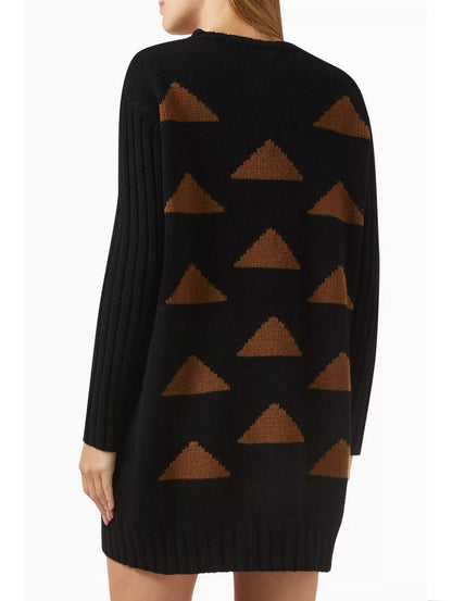 Cashmere Embellished Oversized Knit Sweater Dress featuring a black design with brown triangles