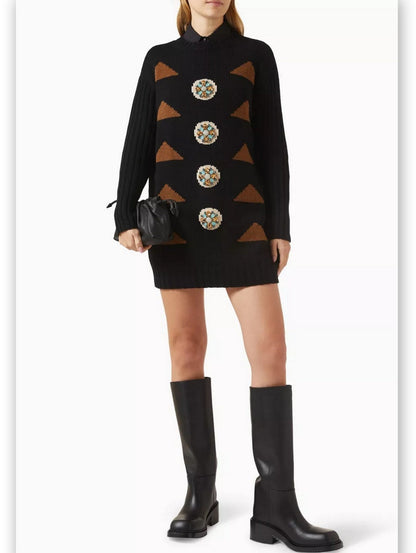 Black knit sweater dress featuring geometric patterns and cashmere embellished oversized design