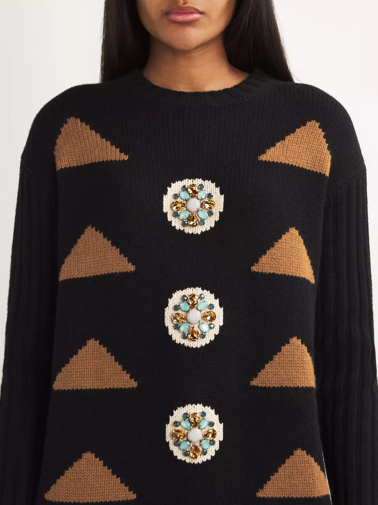 Black cashmere embellished oversized knit sweater dress with geometric embellishments