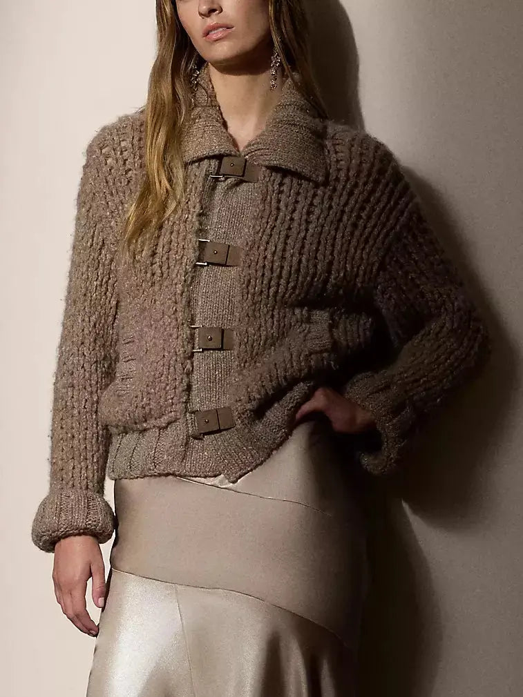 Cashmere Knit Cardigan with Suede Buckle Tab Closure - Sweaters & Knitwear