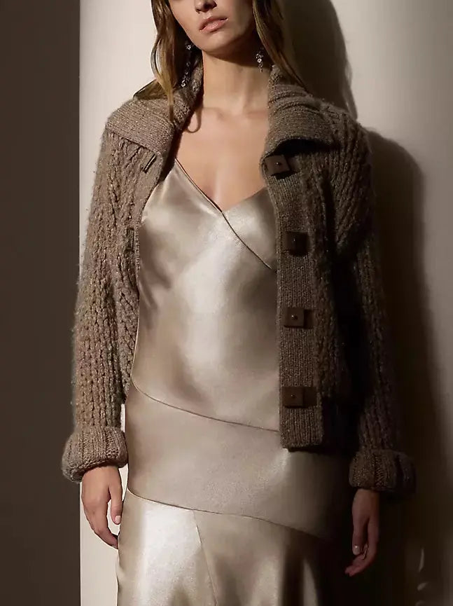 Cashmere Knit Cardigan with Suede Buckle Tab Closure - Sweaters & Knitwear