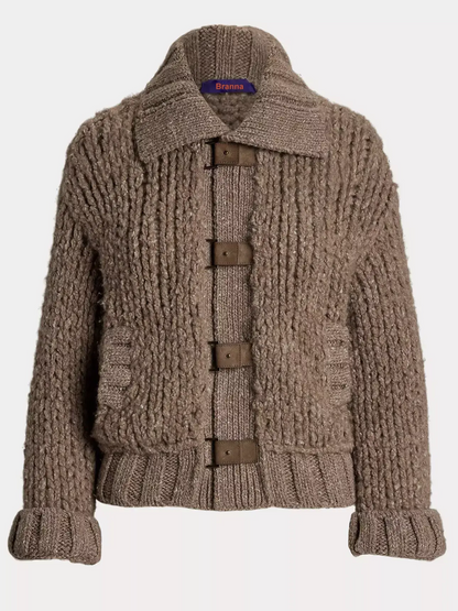 Cashmere Knit Cardigan with Suede Buckle Tab Closure - Sweaters & Knitwear