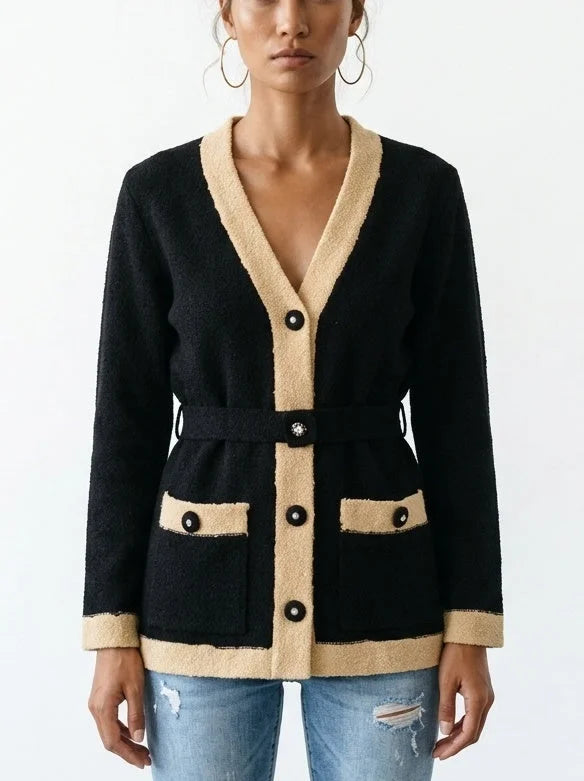 Color Contrast Belted Boucle Knit Cardigan - S / Black - Sweaters & Knitwear