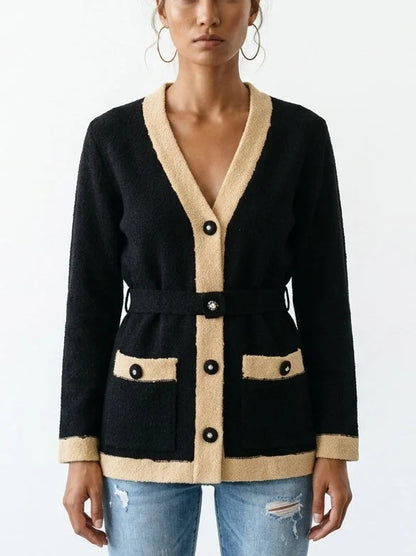 Color Contrast Belted Boucle Knit Cardigan - S / Black - Sweaters & Knitwear