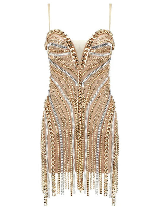 Chain and Crystal-Embellished Mesh Mini Dress - Dresses