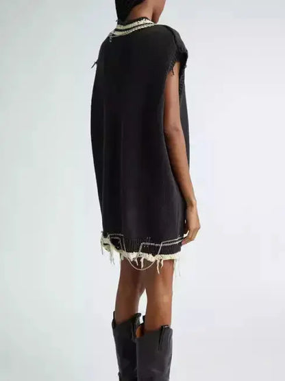 Chain Embellished Distressed Knit Vest Dress - Dresses