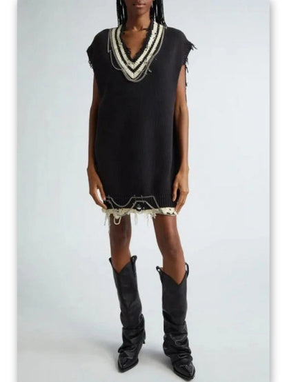 Chain Embellished Distressed Knit Vest Dress - Dresses