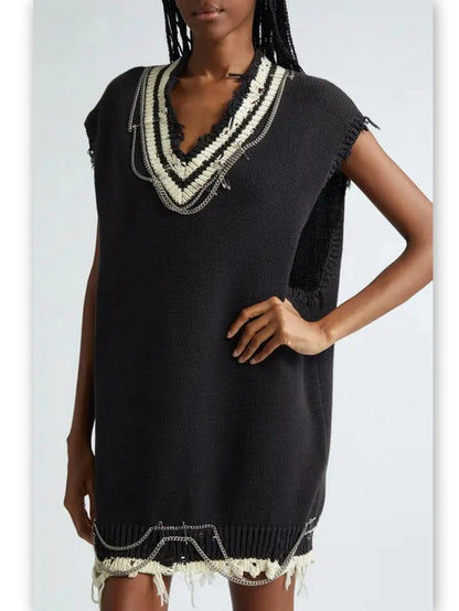 Chain Embellished Distressed Knit Vest Dress - Dresses