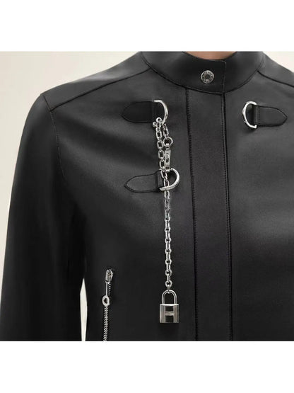 Chain-Embellished Lambskin Leather Jacket in Black - Jackets