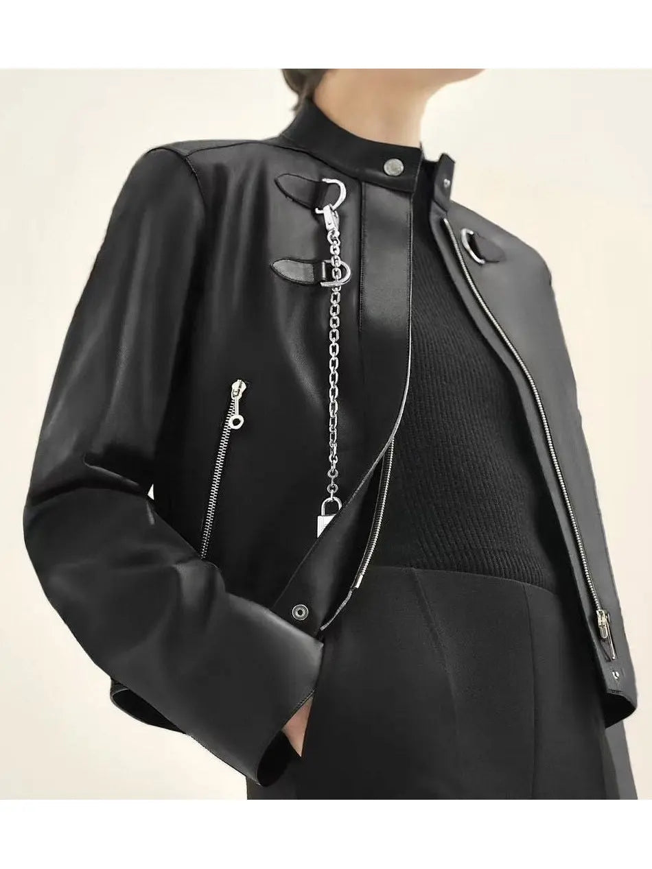 Chain-Embellished Lambskin Leather Jacket in Black - Jackets