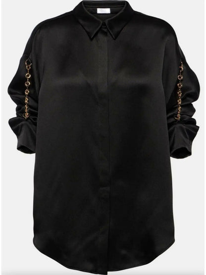 Chain-Sleeve Satin Shirt Black - Tops