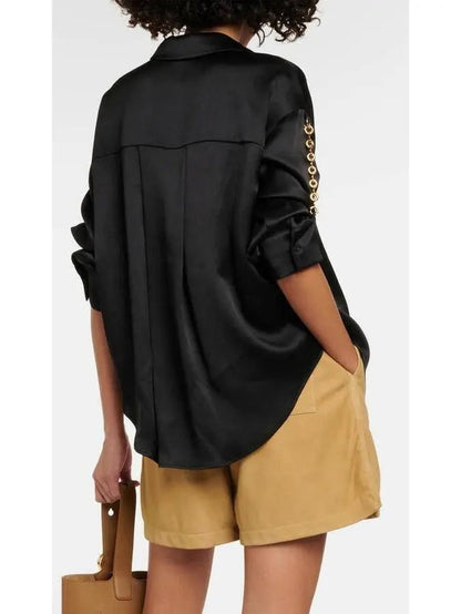 Chain-Sleeve Satin Shirt Black - Tops