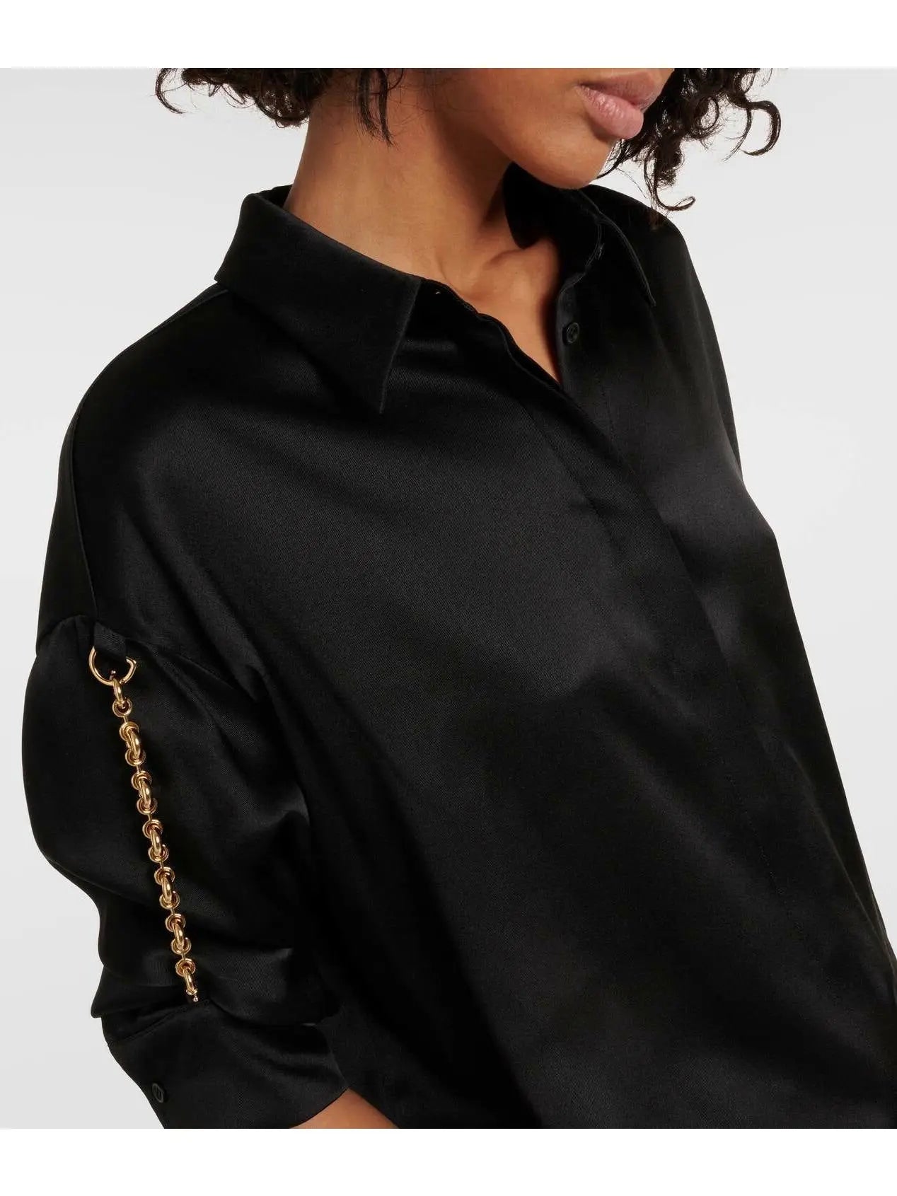 Chain-Sleeve Satin Shirt Black - Tops