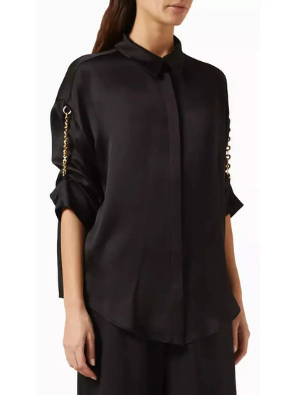 Chain-Sleeve Satin Shirt Black - Tops