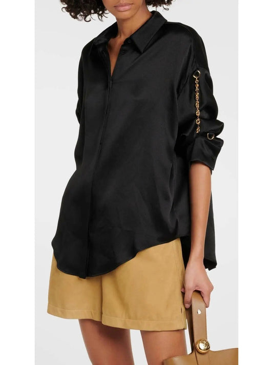 Chain-Sleeve Satin Shirt Black - Tops