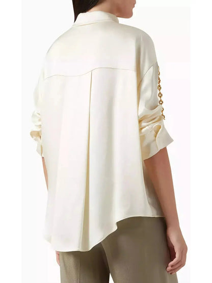 Chain-Sleeve Satin Shirt Ivory - Tops