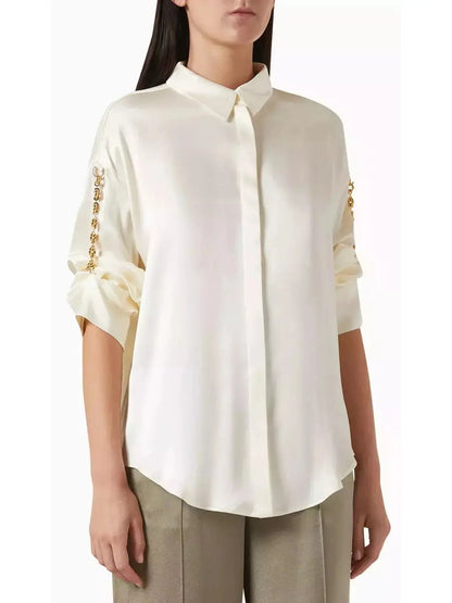 Chain-Sleeve Satin Shirt Ivory - Tops