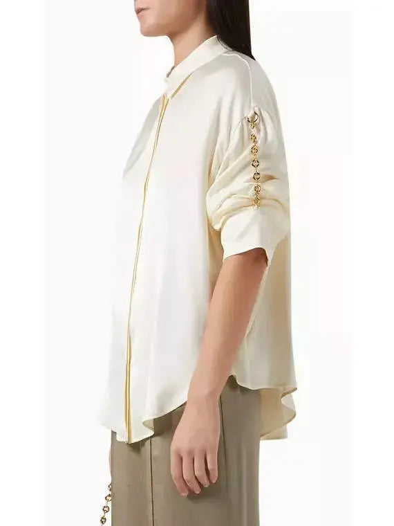 Chain-Sleeve Satin Shirt Ivory - Tops