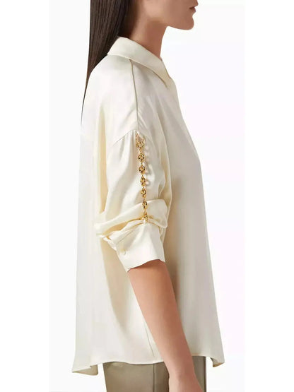 Chain-Sleeve Satin Shirt Ivory - Tops