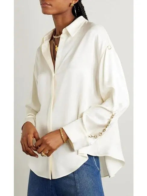 Chain-Sleeve Satin Shirt Ivory - Tops