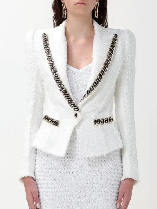 Chain-Trim White Tweed Blazer - Jackets