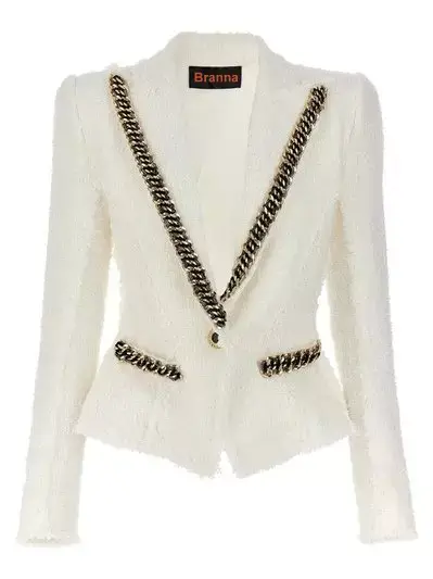 Chain-Trim White Tweed Blazer - Jackets